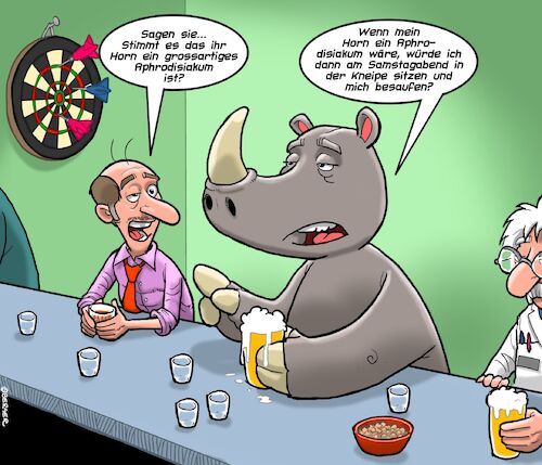 Cartoon: Nashorn (medium) by Chris Berger tagged nashorn,aphrodisiakum,potenzmittel,china,pulver,mord,jagd,kneipe,nashorn,aphrodisiakum,potenzmittel,china,pulver,mord,jagd,kneipe