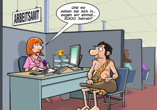 Cartoon: Neanderthaler Jobinterview (medium) by Joshua Aaron tagged neanderthaler,steinzeitmensch,arbeitsamt,jobinterview,job,zukunft,neanderthaler,steinzeitmensch,arbeitsamt,jobinterview,job,zukunft