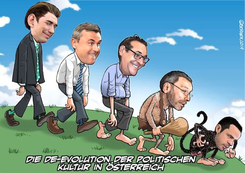 Cartoon: Österreichische Politik (medium) by Joshua Aaron tagged evolution,fpö,övp,politik,ibizagate,strache,hofer,gudenus,kickl,kurz,evolution,fpö,övp,politik,ibizagate,strache,hofer,gudenus,kickl,kurz