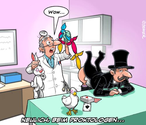 Cartoon: Proktologe (medium) by Chris Berger tagged zauberer,endarm,untersuchung,arzt,taube,hase,zaubertricks,zauberer,endarm,untersuchung,arzt,taube,hase,zaubertricks