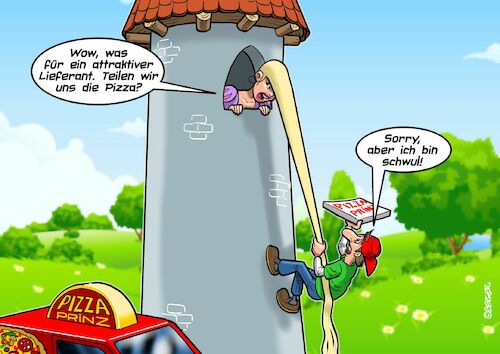 Cartoon: Rapunzel hat Pech (medium) by Joshua Aaron tagged rapunzel,pizzeria,lieferdienst,pizzabote,schwul,homosexuell,gay,rapunzel,pizzeria,lieferdienst,pizzabote,schwul,homosexuell,gay