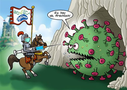 Cartoon: Rettender Ritter (medium) by Chris Berger tagged covid,corona,impfung,pfizer,biontech,monster,vaccine,covid,corona,impfung,pfizer,biontech,monster,vaccine