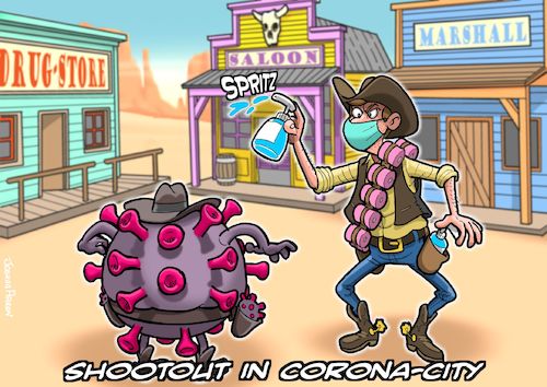 Cartoon: Revolverheld (medium) by Chris Berger tagged corona,pandemie,covid,western,desinfektion,shootout,high,noon,corona,pandemie,covid,western,desinfektion,shootout,high,noon