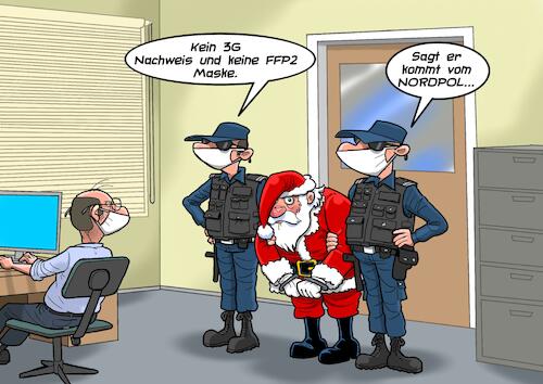 Cartoon: Santa in Schwierigkeiten (medium) by Joshua Aaron tagged santa,impfen,corona,pandemie,lockdown,impfpflicht,santa,impfen,corona,pandemie,lockdown,impfpflicht