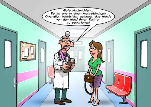 Cartoon: Smartphone separiert (medium) by Joshua Aaron tagged handy,smartphone,iphone,sucht,operation,krankenhaus,eltern,kinder,handy,smartphone,iphone,sucht,operation,krankenhaus,eltern,kinder