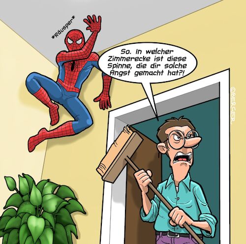 Cartoon: Spinne (medium) by Chris Berger tagged spiderman,spinne,marvel,zimmerecke,insekt,angst,arachnophobie,spiderman,spinne,marvel,zimmerecke,insekt,angst,arachnophobie