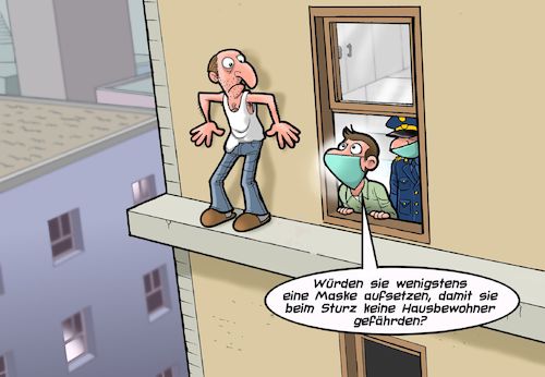 Cartoon: Suizidkandidat (medium) by Joshua Aaron tagged selbstmord,corona,covid,suizid,pandemie,polizei,sturz,hochhaus,selbstmord,corona,covid,suizid,pandemie,polizei,sturz,hochhaus