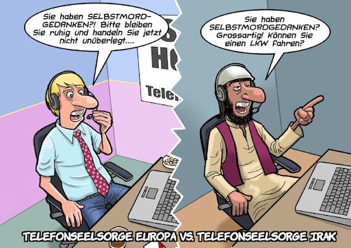 Cartoon: Telefonseelsorge (medium) by Chris Berger tagged telefonseelsorge,suicide,hotline,selbstmord,europa,irak,telefonseelsorge,suicide,hotline,selbstmord,europa,irak