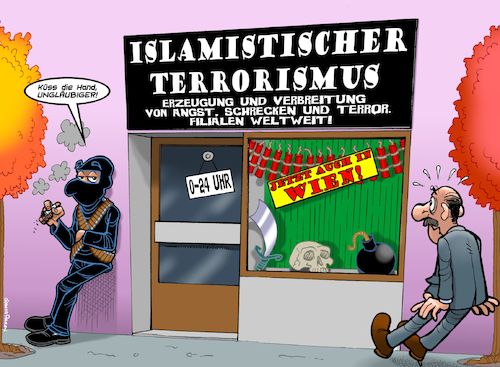 Cartoon: Terror in Wien (medium) by Joshua Aaron tagged wien,terror,islamisten,religion,muslime,islam,wien,terror,islamisten,religion,muslime,islam