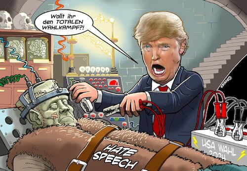 Cartoon: Trump (medium) by Chris Berger tagged wahlkampf,blutbad,hatespeech,hassrede,republikaner,demokraten,biden,donald,wahlkampf,blutbad,hatespeech,hassrede,republikaner,demokraten,biden,donald