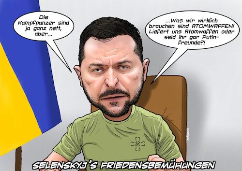 Cartoon: Ukrainischer Friedensbotschafter (medium) by Chris Berger tagged selenskyj,zelensky,putin,krieg,ukraine,russland,massensterben,waffenlieferungen,panzer,selenskyj,zelensky,putin,krieg,ukraine,russland,massensterben,waffenlieferungen,panzer