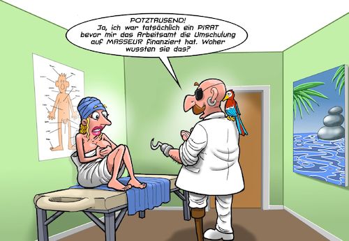 Cartoon: Umschulung (medium) by Joshua Aaron tagged pirat,masseur,haken,hand,papagei,seefahrt,pirat,masseur,haken,hand,papagei,seefahrt