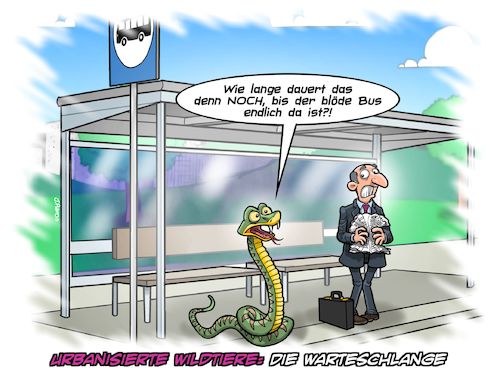 Cartoon: Urbanisierte Wildtiere Teil 1 (medium) by Joshua Aaron tagged schlange,warteschlange,bushaltestelle,urbanisierung,flachwitze,schlange,warteschlange,bushaltestelle,urbanisierung,flachwitze