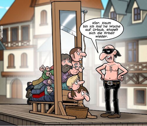 Cartoon: Urlaub (medium) by Chris Berger tagged urlaub,henker,guillotine,stapel,unerledigt,delinquenten,urlaub,henker,guillotine,stapel,unerledigt,delinquenten