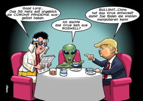 Cartoon: Verschwörungstheoretiker (medium) by Joshua Aaron tagged elvis,trump,alien,ufo,biden,wahl,usa,pandemie,corona,verschwörungstheorie,aluhut,elvis,trump,alien,ufo,biden,wahl,usa,pandemie,corona,verschwörungstheorie,aluhut