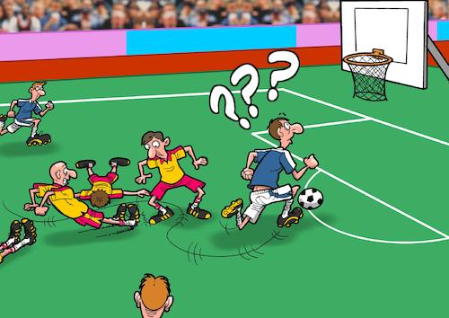 Cartoon: Verwirrung am Fussballfeld (medium) by Joshua Aaron tagged fussball,basketball,korb,tor,verwirrung,konfusion,spieler,match,fussball,basketball,korb,tor,verwirrung,konfusion,spieler,match