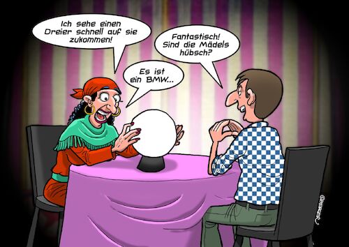 Cartoon: Wahrsagerin (medium) by Chris Berger tagged wahrsagerin,zigeunerin,jahrmarkt,bmw,dreier,wahrsagerin,zigeunerin,jahrmarkt,bmw,dreier,sex