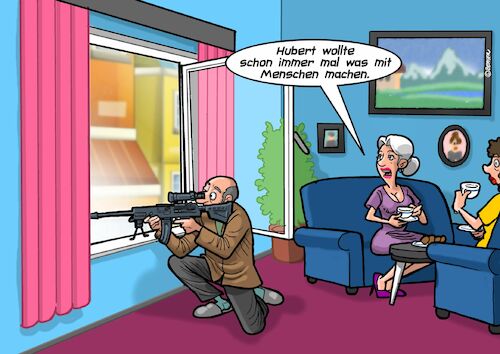 Cartoon: Was mit Menschen (medium) by Joshua Aaron tagged sniper,scharfschütze,pension,alter,menschenfreund,heimarbeit,sniper,scharfschütze,pension,alter,menschenfreund,heimarbeit