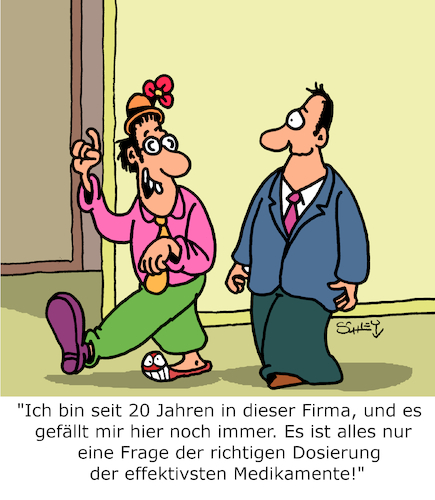 Cartoon: 20 Jahre im Job (medium) by Karsten Schley tagged arbeitnehmer,arbeitgeber,betriebszugehörigkeit,motivation,wirtschaft,business,medikamente,medizin,gesellschaft,arbeitnehmer,arbeitgeber,betriebszugehörigkeit,motivation,wirtschaft,business,medikamente,medizin,gesellschaft