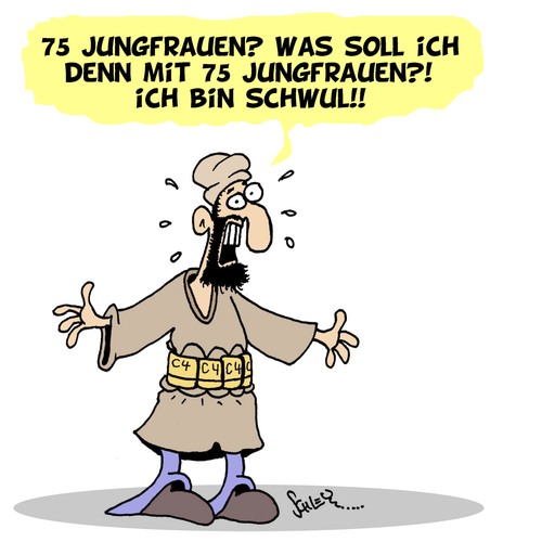 Cartoon: 75 Jungfrauen?! (medium) by Karsten Schley tagged tod,leben,terroristen,ideologien,faschismus,glaube,terrorismus,islam,religion,religion,islam,terrorismus,glaube,faschismus,ideologien,terroristen,leben,tod