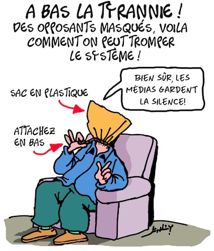 Cartoon: A bas la tyrannie!! (medium) by Karsten Schley tagged covid19,masques,politique,opposants,liberte,education,societe,sante,covid19,masques,politique,opposants,liberte,education,societe,sante