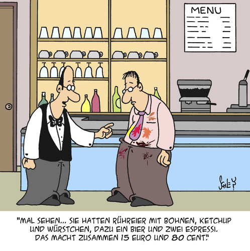 Cartoon: Abgerechnet wird zum Schluss! (medium) by Karsten Schley tagged gastronomie,restaurants,ernährung,essen,freizeit,kleidung,mode,benehmen,geld,wirtschaft,business,gastronomie,restaurants,ernährung,essen,freizeit,kleidung,mode,benehmen,geld,wirtschaft,business