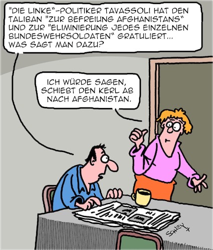 Cartoon: Abschieben! (medium) by Karsten Schley tagged afghanistan,linke,politik,parteien,bundeswehr,taliban,medien,gesellschaft,afghanistan,linke,politik,parteien,bundeswehr,taliban,medien,gesellschaft