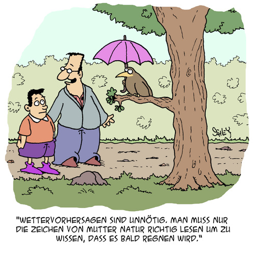 Cartoon: Achtet auf Mutter Natur! (medium) by Karsten Schley tagged wettervorhersage,tiere,eltern,väter,jugend,kinder,klima,wetter,natur,natur,wetter,klima,kinder,jugend,väter,eltern,tiere,wettervorhersage