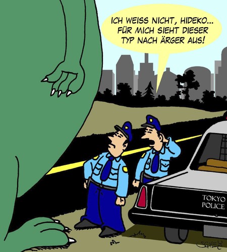 Cartoon: Ärger (medium) by Karsten Schley tagged filme,unterhaltung,medien,hollywood,monster,polizei,polizisten,japan,godzilla,tokio,filme,unterhaltung,medien,hollywood,monster,polizei,polizisten,japan,godzilla,tokio