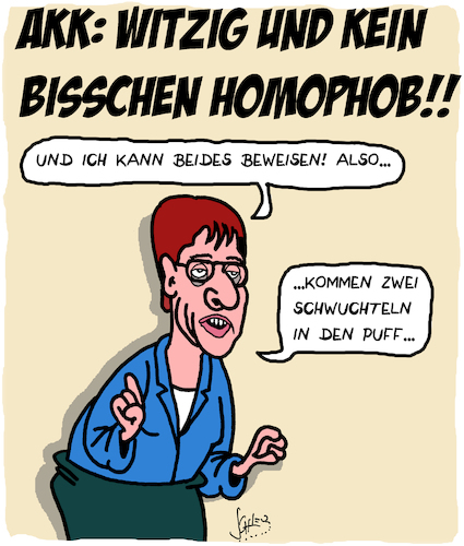 Cartoon: AKK ist witzig (medium) by Karsten Schley tagged akk,cdu,kanzlerin,wahlen,deutschland,politik,politikerinnen,humor,homophobie,akk,cdu,kanzlerin,wahlen,deutschland,politik,politikerinnen,humor,homophobie