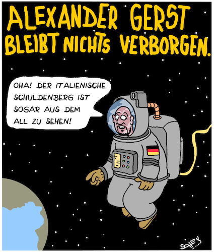 Cartoon: Alexander Gerst (medium) by Karsten Schley tagged weltraumforschung,wissenschaft,euro,eu,iss,esa,italien,schulden,geld,wirtschaft,aktienmärkte,krise,politik,weltraumforschung,wissenschaft,euro,eu,iss,esa,italien,schulden,geld,wirtschaft,aktienmärkte,krise,politik