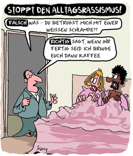 Cartoon: Alltagsrassismus (medium) by Karsten Schley tagged alltagsrassismus,sprache,homosexualität,beziehungen,politik,männer,frauen,gesellschaft,alltagsrassismus,sprache,homosexualität,beziehungen,politik,männer,frauen,gesellschaft