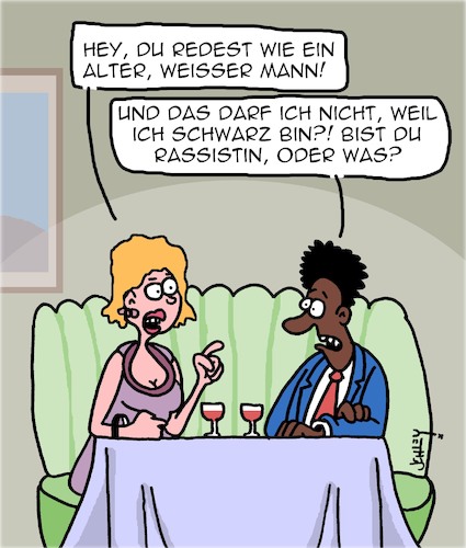 Cartoon: Alte weiße Männer (medium) by Karsten Schley tagged männer,frauen,beziehungen,dating,rassismus,restaurants,sprache,gesellschaft,männer,frauen,beziehungen,dating,rassismus,restaurants,sprache,gesellschaft