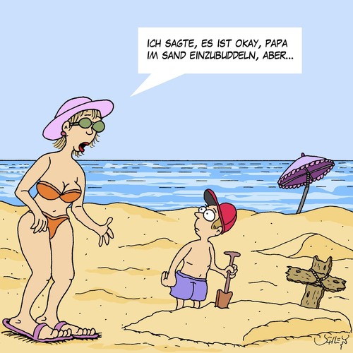 Cartoon: Am Strand (medium) by Karsten Schley tagged urlaub,ferien,reisen,tourismus,touristen,strand,badeurlaub,meer,eltern,kinder,urlaub,ferien,reisen,tourismus,touristen,strand,badeurlaub,meer,eltern,kinder