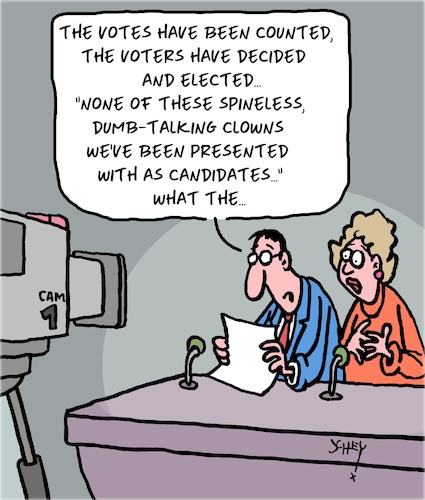 Cartoon: And the Winner is... (medium) by Karsten Schley tagged voters,elections,candidates,tv,media,competence,politics,politicians,society,voters,elections,candidates,tv,media,competence,politics,politicians,society