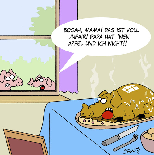 Cartoon: Apfel (medium) by Karsten Schley tagged ernährung,nahrung,schweinefleisch,essen,kinder,eltern,jugend,neid,futterneid,nahrungskette,ernährung,nahrung,schweinefleisch,essen,kinder,eltern,jugend,neid,futterneid,nahrungskette