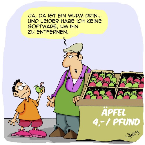 Cartoon: Apfel (medium) by Karsten Schley tagged früchte,ernährung,business,verkäufer,software,computer,technologie,virus,würmer,früchte,ernährung,business,verkäufer,software,computer,technologie,virus,würmer