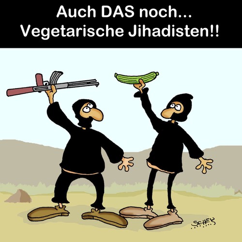 Cartoon: Auch DAS noch... (medium) by Karsten Schley tagged europa,vegetarier,ernährung,jihadisten,verbrechen,religion,terror,jihad,politik,deutschland,jihad,terror,religion,verbrechen,jihadisten,ernährung,vegetarier,europa,deutschland,politik