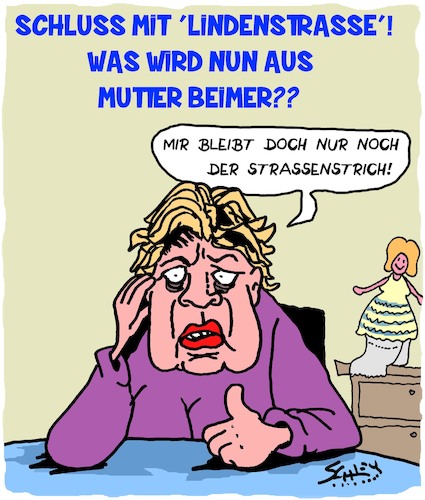 Cartoon: Aus für die LINDENSTRASSE (medium) by Karsten Schley tagged tv,unterhaltung,lindenstrasse,fernsehen,ard,deutschland,gesellschaft,kultur,tv,unterhaltung,lindenstrasse,fernsehen,ard,deutschland,gesellschaft,kultur