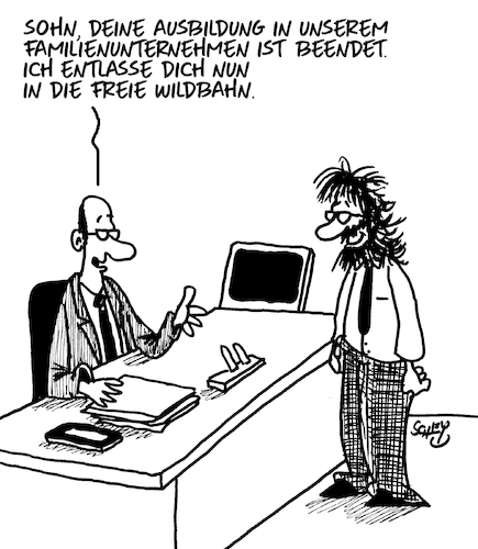 Cartoon: Ausbildung (medium) by Karsten Schley tagged ausbildung,lehre,familienunternehmen,wirtschaft,business,väter,söhne,karriere,gesellschaft,ausbildung,lehre,familienunternehmen,wirtschaft,business,väter,söhne,karriere,gesellschaft