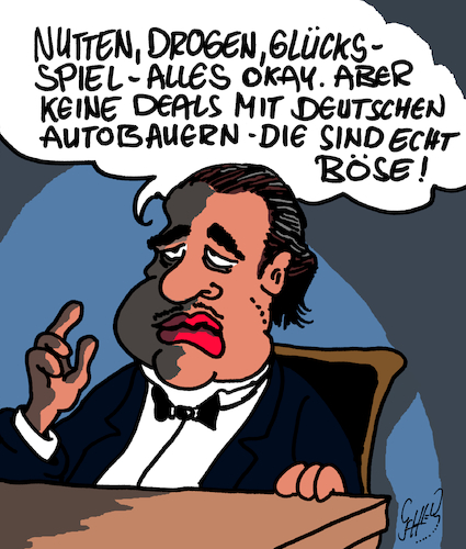 Cartoon: Auto-Mafia (medium) by Karsten Schley tagged wirtschaftsverbrechen,umweltverbrechen,umweltschutz,abgase,emissionen,mafia,kartelle,politik,vertuschung,geld,kapitalismus,profite,wirtschaftsverbrechen,umweltverbrechen,umweltschutz,abgase,emissionen,mafia,kartelle,politik,vertuschung,geld,kapitalismus,profite