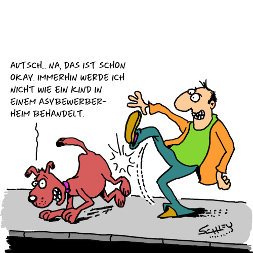 Cartoon: Behandlung (medium) by Karsten Schley tagged saylheime,immigration,flüchlinge,kinder,gesellschaft,politik,deutschland,europa,tiere,hunde,saylheime,immigration,flüchlinge,kinder,gesellschaft,politik,deutschland,europa,tiere,hunde