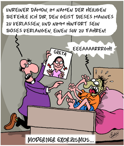 Cartoon: BESESSEN!!! (medium) by Karsten Schley tagged suv,besessenheit,exorzismus,umweltschutz,autos,religion,priester,heilige,dämonen,klima,greta,gesellschaft,suv,besessenheit,exorzismus,umweltschutz,autos,religion,priester,heilige,dämonen,klima,greta,gesellschaft