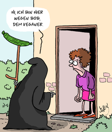 Cartoon: Besuch (medium) by Karsten Schley tagged veganer,ernährung,mode,leben,tod,sensenmann,familien,gesellschaft,deutschland,veganer,ernährung,mode,leben,tod,sensenmann,familien,gesellschaft,deutschland