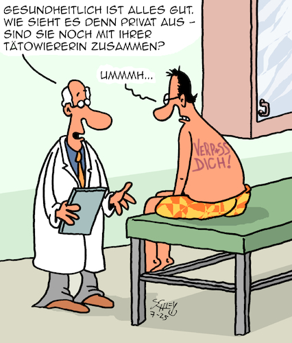 Cartoon: Beziehungen (medium) by Karsten Schley tagged liebe,beziehungen,männer,frauen,gesundheit,ärzte,patienten,tattoos,gesellschaft,liebe,beziehungen,männer,frauen,gesundheit,ärzte,patienten,tattoos,gesellschaft