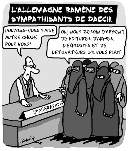 Cartoon: Bienvenue! (medium) by Karsten Schley tagged daech,allemagne,terrorisme,politique,justice,immigration,societe,daech,allemagne,terrorisme,politique,justice,immigration,societe
