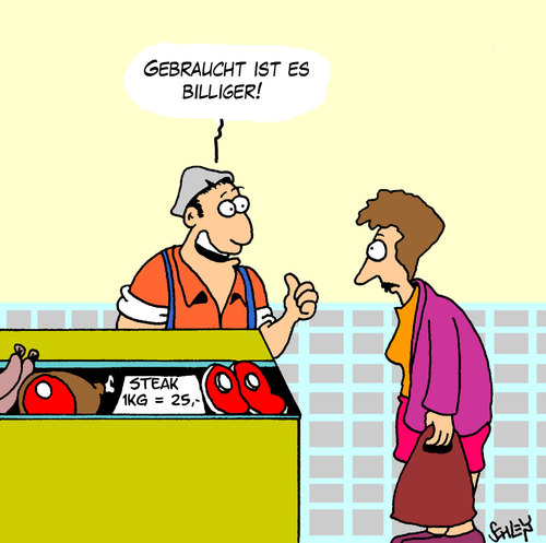 Cartoon: Billiger (medium) by Karsten Schley tagged ernährung,lebensmittel,gesundheit,gesellschaft,geld,wirtschaft,essen,ernährung,lebensmittel,gesundheit,gesellschaft,geld,wirtschaft,essen,nahrung,handel,verkauf,einkaufen,gebraucht,neu,second hand,fleisch,billig,second,hand