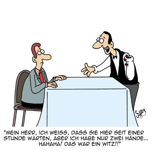 Cartoon: Bitte warten... (medium) by Karsten Schley tagged restaurants,kellner,gastronomie,gäste,kunden,essen,ernährung,gesundheit,berufe,arbeit,restaurants,kellner,gastronomie,gäste,kunden,essen,ernährung,gesundheit,berufe,arbeit