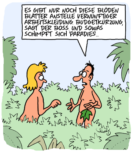 Cartoon: Budgetkürzungen (medium) by Karsten Schley tagged business,wirtschaft,arbeitgeber,arbeitnehmer,budget,budgetkürzungen,arbeitskleidung,religion,paradies,christentum,gesellschaft,business,wirtschaft,arbeitgeber,arbeitnehmer,budget,budgetkürzungen,arbeitskleidung,religion,paradies,christentum,gesellschaft