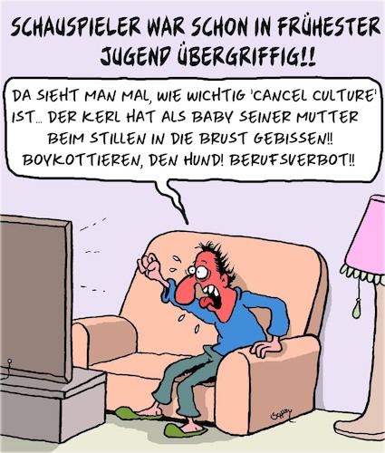 Cartoon: Cancel Culture ist WICHTIG (medium) by Karsten Schley tagged schauspieler,frauenfeindlichkeit,sexismus,gewalt,jugend,cancel,culture,medien,gesellschaft,schauspieler,frauenfeindlichkeit,sexismus,gewalt,jugend,cancel,culture,medien,gesellschaft